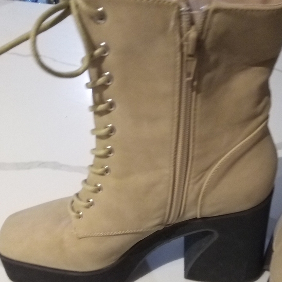 Y2K Platform Lace-Up Ankle Boots Chunky Heel Square Toe Tan Sz 6.5 - Picture 7 of 9